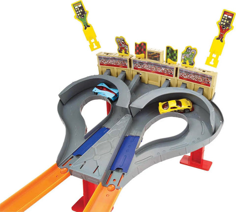 Super Speed Blastway Dual-Track Race Set With 1 64-Scale Car featuring side-by-side launchers and grandstand flags