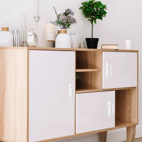 Four Pack White Peel And Stick Cabinet Handles With Premium Adhesive Backing No Drill Installation on wooden cabinet