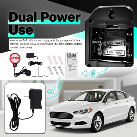 Upgraded LED Garage Parking Sensor Featuring Adjustable Red Yellow Green Warning Lights And Dual Power Car Stop Indicator showing dual power options with USB and battery setup.