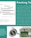 Pro Grade 23 Piece Packing Extractor Kit With Stainless Steel Removable Tips displayed with hooks and cone heads