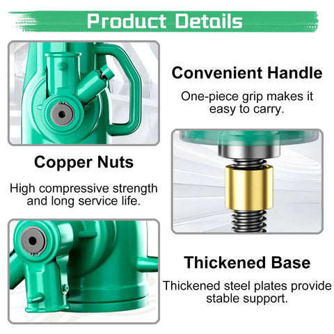 Detailed view of Heavy Duty Bottle Screw Jack For Floor Leveling And Auto Maintenance showing convenient handle, copper nuts, and thickened base.