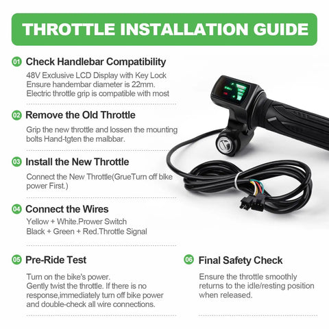 Throttle installation guide with Full Twist Throttle Grip For 48V E Bikes And Scooters With LCD Display and wiring steps.