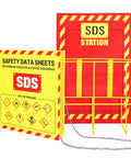 Yellow Heavy Duty SDS Wall Station Set with 3 Inch Ring Binder wire rack and safety posters visible.