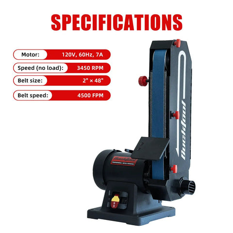 Heavy Duty 2X48 Inch Belt Sander With 1Hp Induction Motor Running At 4500 Fpm For Knife Making And Metal Finishing specifications display.