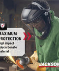 Worker wearing face shield using grinder, illustrating Maxview Premium Face Shield Replacement Window Uncoated Clear Tint for Models 14200 14201 14202 14203 ANSI Z87.1 Polycarbonate Oversized Window for Maximum Clarity and Wide Field of View While Cutting and Grinding