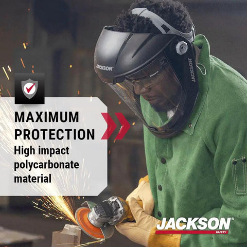 Worker wearing face shield using grinder, illustrating Maxview Premium Face Shield Replacement Window Uncoated Clear Tint for Models 14200 14201 14202 14203 ANSI Z87.1 Polycarbonate Oversized Window for Maximum Clarity and Wide Field of View While Cutting and Grinding