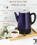 10 Cup Purple Percolator Coffee Pot Electric Stainless Steel With Keep Warm Function on a tray with cups