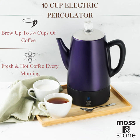 10 Cup Purple Percolator Coffee Pot Electric Stainless Steel With Keep Warm Function on a tray with cups