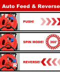 Auto-Feed Electric Drain Snake Auger With 1800RPM Foot Pedal showing push, spin, and reverse modes of operation.