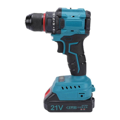 Badass Cordless Drill with Brushless Motor 55Nm Torque 25 Plus 1 Settings Dual Speed 0 to 1500RPM Metal Chuck side view with battery.