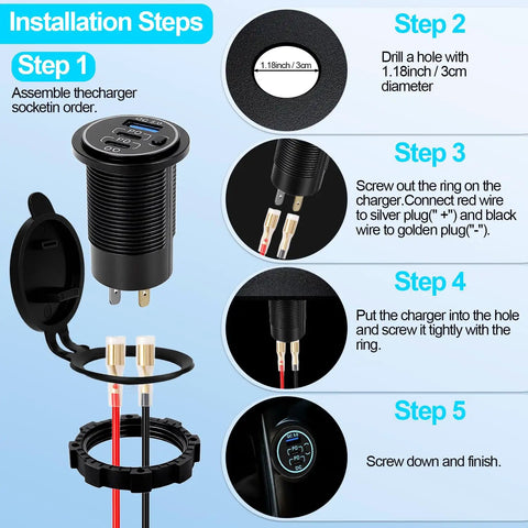 Installation steps for Heavy Duty 12V USB C Charger With PD 20W And 18W QC3 Waterproof Power Outlet.