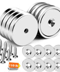 Front view: eight 1.26-in stainless neodymium round base cup magnets with screws (110 lb pull)