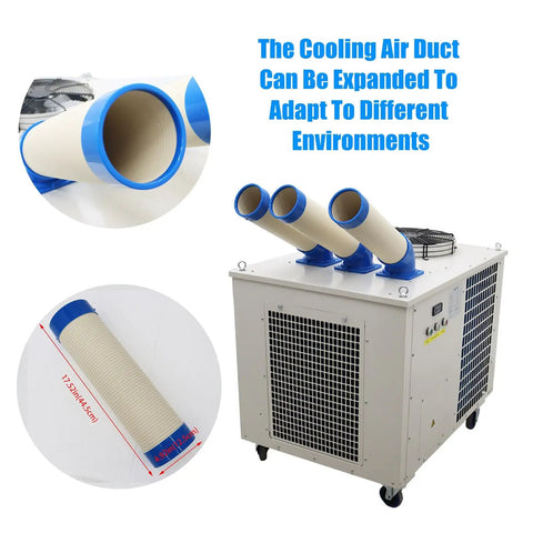 Ready To Roll 220V Industrial Portable Air Conditioner featuring three adjustable air ducts for versatile cooling environments.
