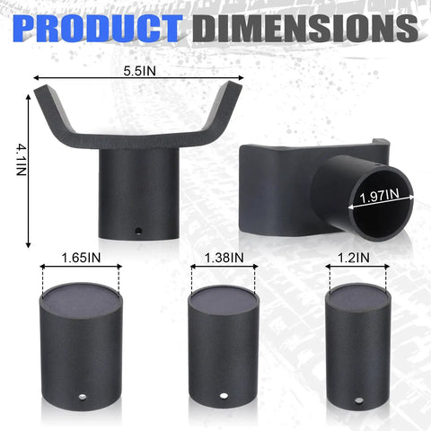 Heavy Duty 4-In-1 Hydraulic Bottle Jack Adapter With Tough As Nails Steel Lifting Saddle For 4 To 20 Tons dimensions displayed with size measurements.