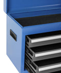 Close-up of a blue tool cabinet showing open drawers and detachable top, similar to Large Rolling Tool Chest With 5 Drawers On Wheels Detachable Top Box