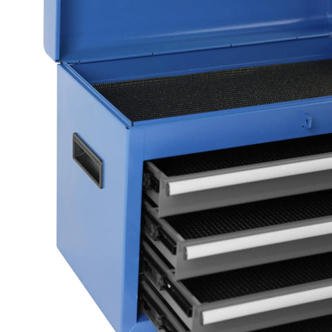 Close-up of a blue tool cabinet showing open drawers and detachable top, similar to Large Rolling Tool Chest With 5 Drawers On Wheels Detachable Top Box