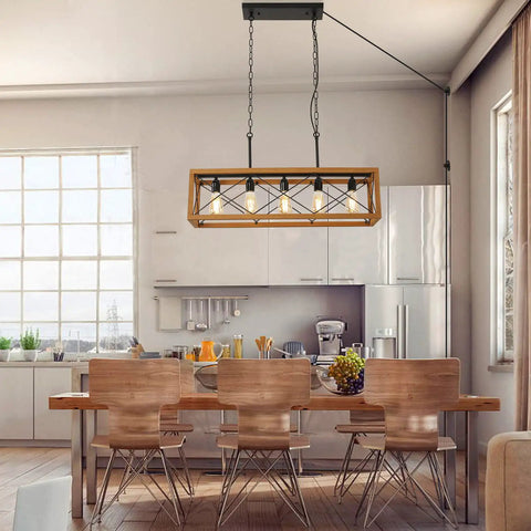 Plug In Five Light Pendant Lamp With E26 Sockets over dining table, rectangle wood and metal farmhouse chandelier, black vintage ceiling light
