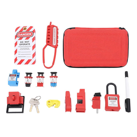 All In One Electrical Lockout Tagout Kit With 8 Locks And 6 Hole Hasp, Nylon PA Circuit Breaker Lockout Devices, 1 Hasp, 1 Padlock, 2 Keys, 10 Tag Pens And Storage Bag For Industrial Equipment Maintenance And Safe Shutdown displayed