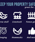 Icons showing uses for All Weather 304 Stainless Gate Chain With M7 Carabiners: horse stall, livestock, fence gate, hanging, hammocks.