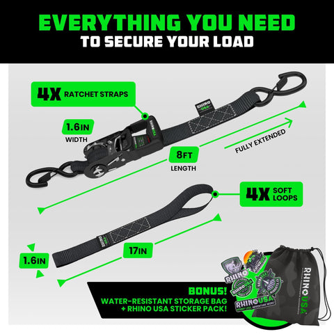 Heavy Duty Ratchet Straps Kit Four Pack 1.6 Inch By 8 Feet With 5000 Lb Break Strength Ultimate Tie Down Straps With S Hooks