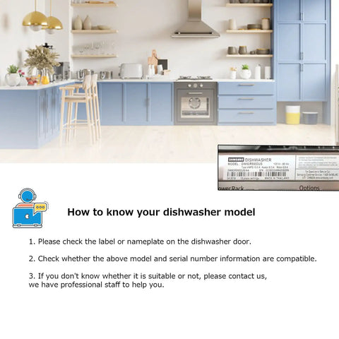 Modern kitchen with blue cabinets and instructions for checking Samsung dishwasher model label.