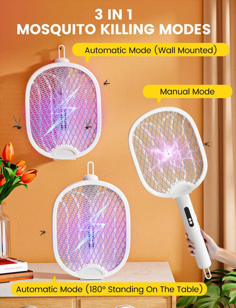Electric Fly Swatter Zapper Racket 4000V with 1800mAh rechargeable battery in dual modes - manual and wall-mounted view