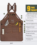 Woodworking Apron With 9 Tool Pockets And Magnetic Chest Holders, 20 oz waxed canvas, pockets labeled, apron dimensions shown