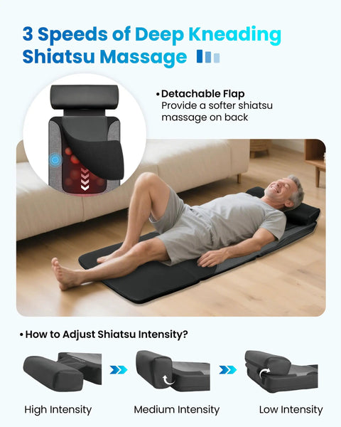 Man using Full Body Massage Mat With Heat And Shiatsu Kneading For Deep Tissue Back Pain Relief, Vibration Massage Pad on sofa
