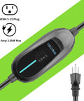 Premium Level 1 EV Charger With Slick Plug And Play Nema 5 15 Adapter, showing 16 Amp plug and charging indicator.