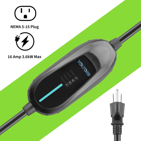 Premium Level 1 EV Charger With Slick Plug And Play Nema 5 15 Adapter, showing 16 Amp plug and charging indicator.