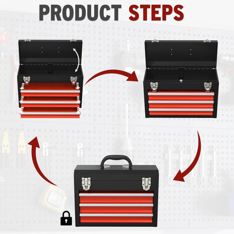 Three Drawer Portable Steel Toolbox With Locking System, Top Storage, And Drawer Liners For Easy Tool Organization steps guide