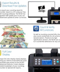 All In One Pro Grade Money Counter And Currency Detector That Handles Mixed And Single Denomination USD MXN CAD GBP EURO And Gives You Total Value And Quantity With Real Time Counterfeit Alerts And Easy To Use with currency notes on counting tray, external display, and full-color screen