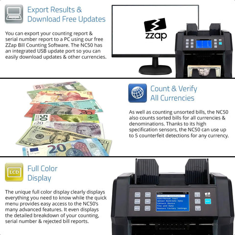 All In One Pro Grade Money Counter And Currency Detector That Handles Mixed And Single Denomination USD MXN CAD GBP EURO And Gives You Total Value And Quantity With Real Time Counterfeit Alerts And Easy To Use with currency notes on counting tray, external display, and full-color screen