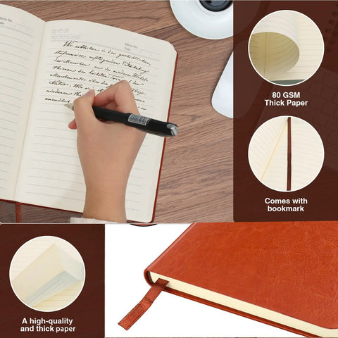Engineer Definition Leather Journal Notebook For Gearheads And Builders open with hand writing, showing faux leather cover and thick pages.