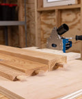 MortiseMate Loose Tenon Jig For Woodworking Easy Mortise Cutter on workbench with wood pieces for joinery