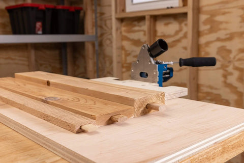MortiseMate Loose Tenon Jig For Woodworking Easy Mortise Cutter on workbench with wood pieces for joinery