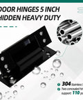 Hidden Door Hinge Set for 5 Inch Doors Black 304 Stainless Steel Rock Solid Heavy Duty Invisible Hinge 120 Degree 3mm Thick 4 Pieces Includes 32 Screws and Mounting Hardware Riyhch shown with 304 stainless steel label and weight support detail