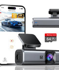 4K Front Dash Cam With 5G WiFi And 64GB Card Included showing smartphone app and memory card