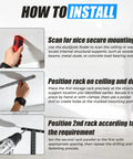 Installation steps for stainless steel ceiling storage rack with adjustable height, showing scanning, positioning, and drilling.