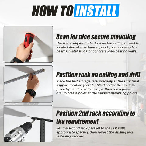 Installation steps for stainless steel ceiling storage rack with adjustable height, showing scanning, positioning, and drilling.
