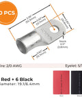 Heavy Duty Battery Lugs Kit With Tin Copper Ring Terminals For Two Zero AWG Cable And Five Sixteenth Inch Stud Includes Twelve Pcs Three To One Black And Red Heat Shrink Tubing With Adhesive For Corrosion Resistant Marine Auto Outdoor Use showing lug dimensions and colors.