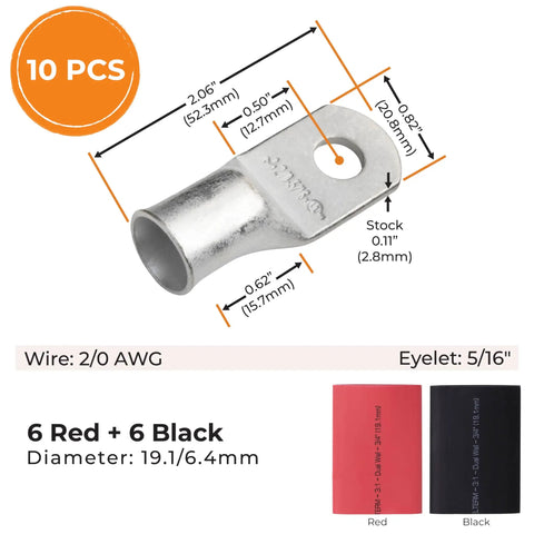 Heavy Duty Battery Lugs Kit With Tin Copper Ring Terminals For Two Zero AWG Cable And Five Sixteenth Inch Stud Includes Twelve Pcs Three To One Black And Red Heat Shrink Tubing With Adhesive For Corrosion Resistant Marine Auto Outdoor Use showing lug dimensions and colors.