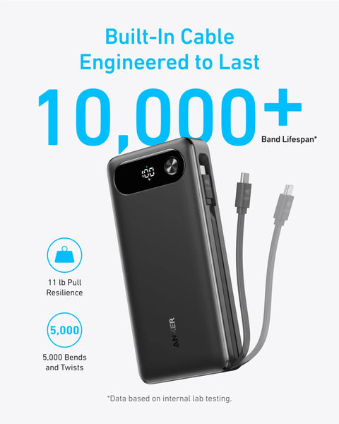Hella Reliable Portable Charger And 20000 Mah Power Bank With Built In Usb C Cable Delivers Beast Mode Fast Charging For Laptops Phones And Tablets Super Travel Game Changer Black, showing front view with integrated cables.