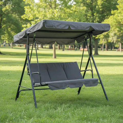 Three Person Outdoor Porch Swing Chair With Adjustable Canopy Breathable Fabric Seat And Backrest Armrests Heavy Duty Frame 600 Lbs Capacity For Patio Backyard Or Garden Gray Ideal For Chill Sessions And Social Evenings