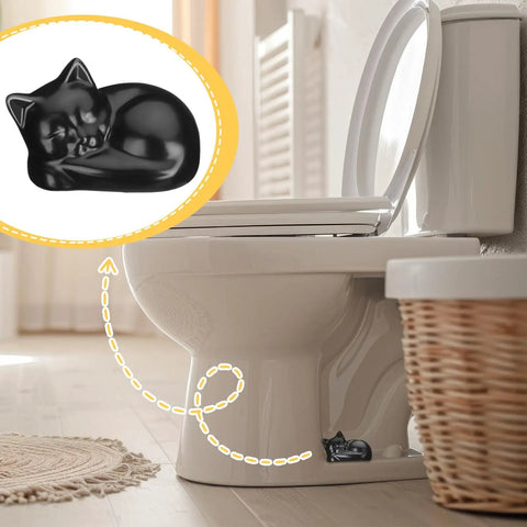 Two Cat Shaped Toilet Bolt Caps Ceramic Screw Covers For Bathroom Decor, 2 Pack Black shown installed on white toilet.