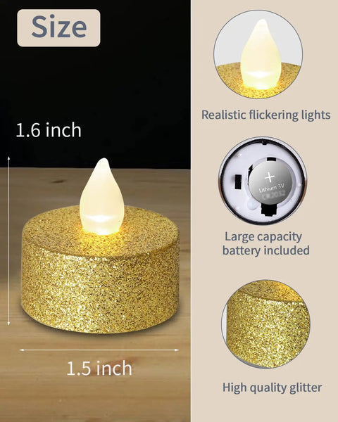 Battery Operated LED Tea Lights 24 Pack Gold Flameless Votive Tealights With Warm White Flickering Light size and features