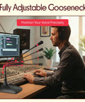 User in studio with Desktop Gooseneck Wired Microphone System With Pop Filter For Table Mounting Condenser Voice Mic XLR.