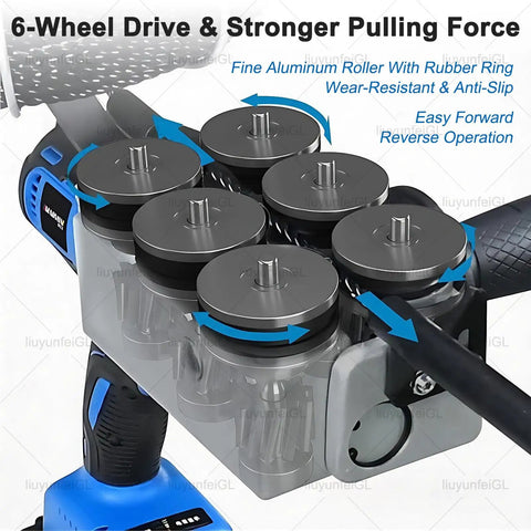 Liuyunfei Electric Cable Puller Wire Stringing Machine Fish Tape Threader 6 Wheel Drive close-up of aluminum rollers for smooth traction.