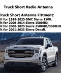 Short 3 Inch Black Antenna Replacement For Sierra And Silverado Trucks on a white truck in mountainous area