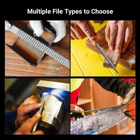Six-piece 140mm mini metal rasp needle file set for wood and steel, shown in four working views.